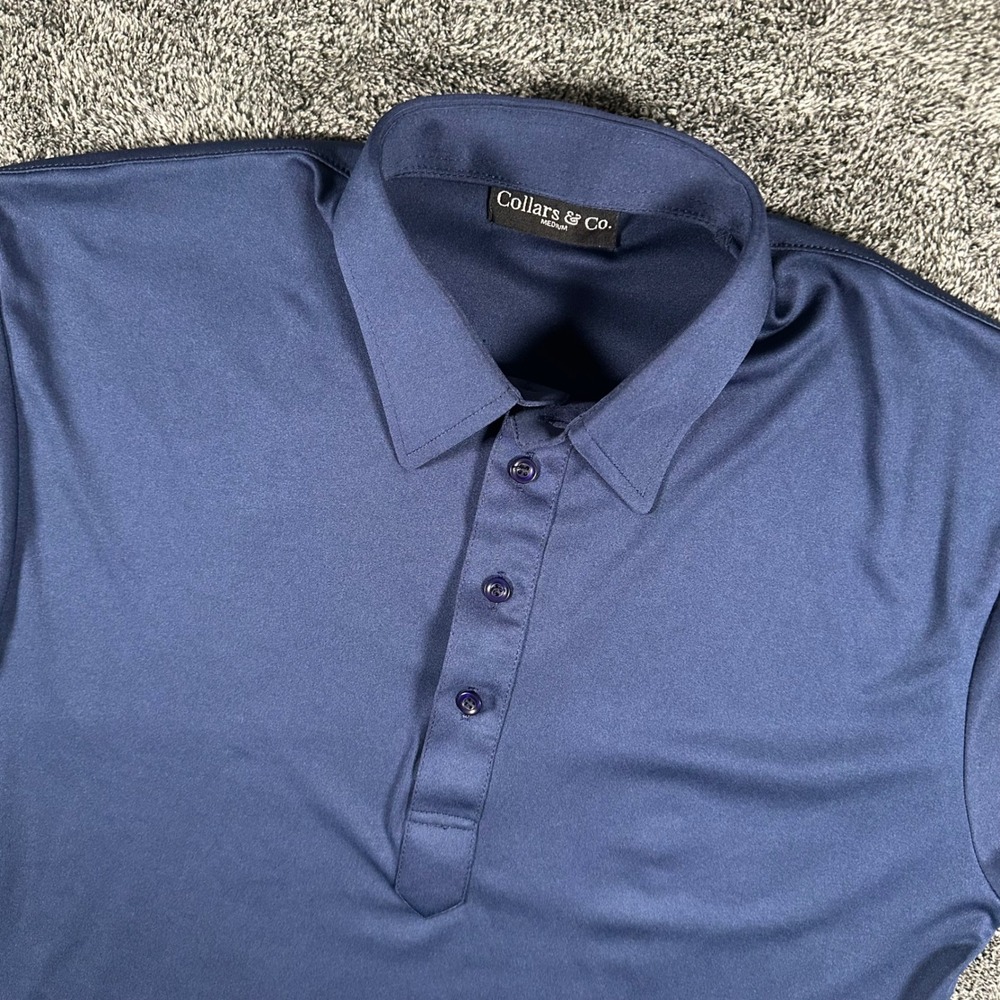 Collars & Co. Polo Shirt Mens Medium Dress Collar Navy Blue Solid Performance